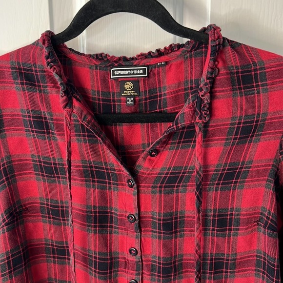 Superdry Vintage Ruffle Trim Check Long Sleeve Shirt Size 6 US - Picture 9 of 14